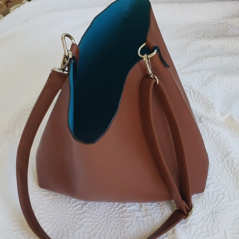Turquoise & Brown Convertible Pebble Faux Leather Hobo Shoulder Bag, 16